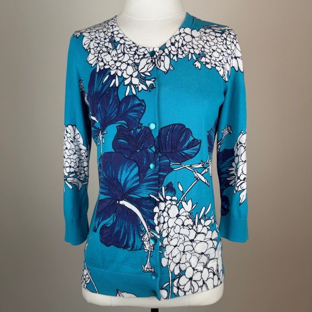 Talbots Floral Hibiscus Knit Cardigan Sweater Blue/White Womens Petite Size MP